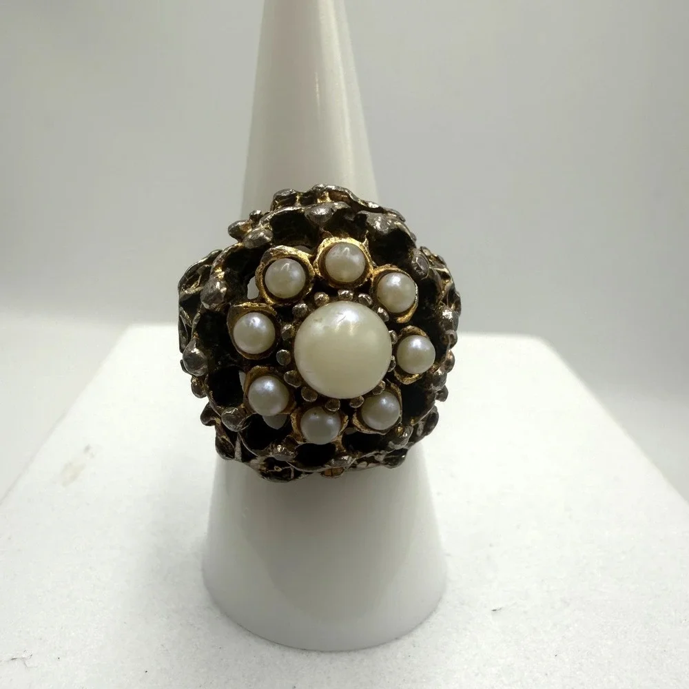 Vintage Brutalist Faux Pearl Cluster Statement Ring Adjustable Silver Tone 6.5